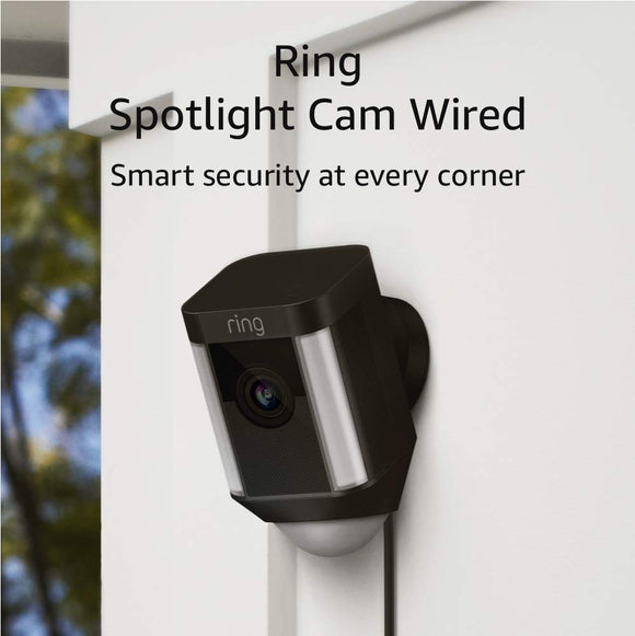 Ring Spotlight Cam Wired - Plugged-in HD security camera with built-in spotlights, two-way talk and a siren alarm, Works with Alexa - Black