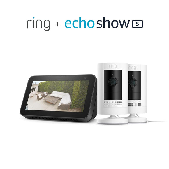 Ring Stick Up Cam Plug-In (White) 2PK bundle with Echo Show 5 (2nd Gen)