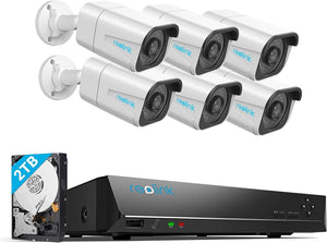 REOLINK 4K Security Camera System, 6pcs H.265 PoE Wired Bullet 4K Cameras with Person Vehicle Detection, 4K/8CH NVR Recorder with 2TB HDD for 24-7 Recording, RLK8-800B6