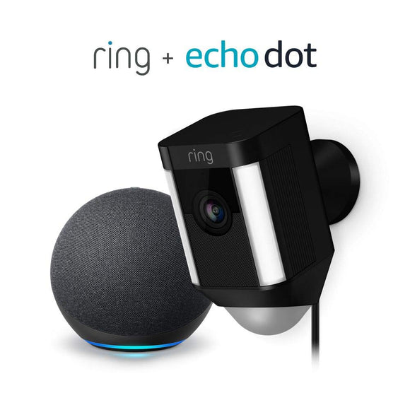 Ring Spotlight Cam Wired: Plugged-in HD Security Camera (Black) and Echo Dot (4th Gen)